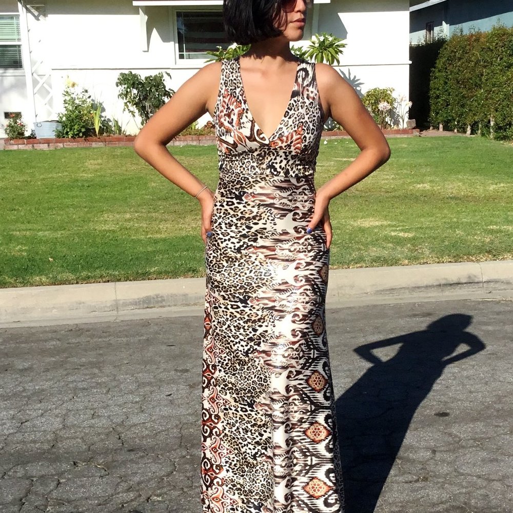Abstract Printed Long Dress A- line Cutout Back V-Neck Sleeveless S